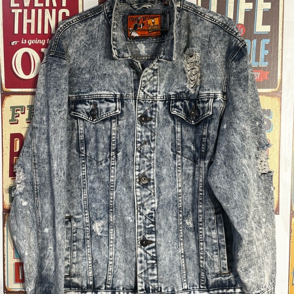 Distressed Denim Jacket Rolling Papers Jean Jacket in Stonewash Blue Denim - Picture 2 of 10